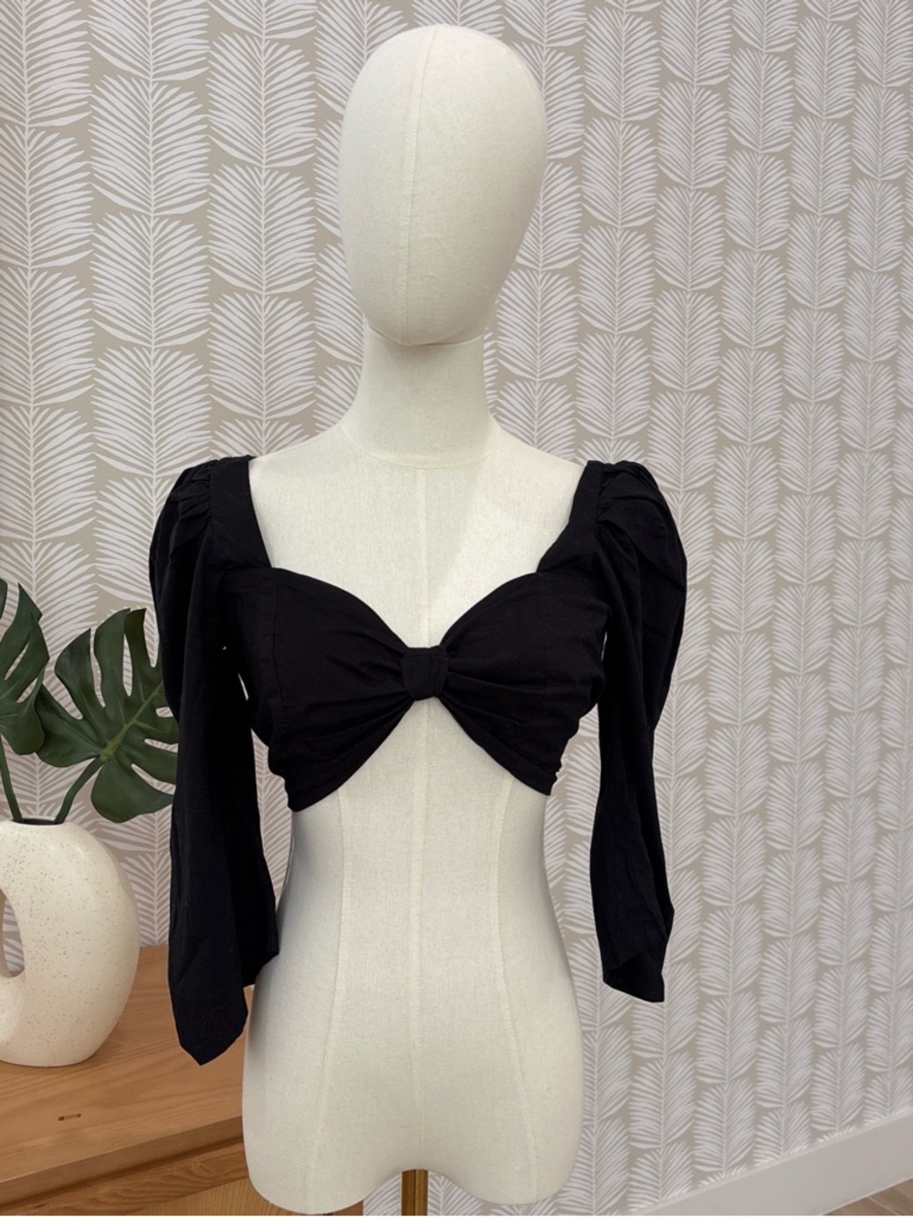 Bali Black Bow-Front Puff Sleeve Crop Top